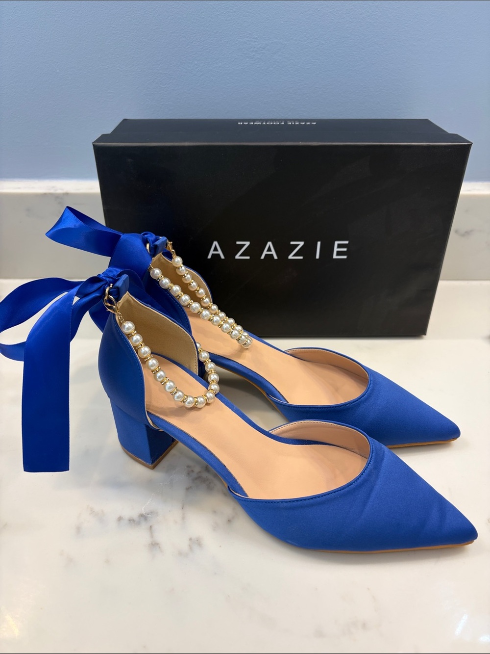 Azazie Matte Satin Pearl and Bow Pointed Toe Block Heels
